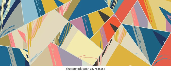 Abstract collage asymmetric pattern. Digital freehand art, grunge texture. Vector patchwork quilt background. Decorative elements, brush strokes ornament for flyer, poster, cover, textile fabric print