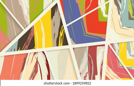 Patrón asimétrico abstracto del collage. Arte de mano alzada digital, textura gruesa. Fondo del tejido del parchwork del vector. Elementos decorativos, adornos de pinceladas de pincel para volante, afiche, cubierta, estampado de tela textil