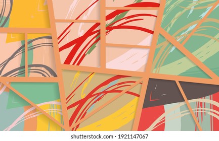 Abstract collage asymmetric pattern. Digital freehand art, grunge texture. Vector patchwork quilt background. Decorative elements, brush strokes ornament for flyer, poster, cover, textile fabric print