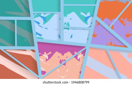 Abstract collage asymmetric pattern. Digital freehand art, grunge texture. Vector patchwork quilt background. Decorative elements, brush strokes ornament for flyer, poster, cover, textile fabric print
