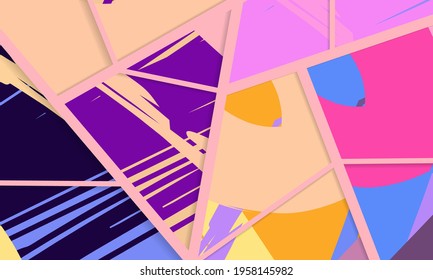 Abstract collage asymmetric pattern. Digital freehand art, grunge texture. Vector patchwork quilt background. Decorative elements, brush strokes ornament for flyer, poster, cover, textile fabric print