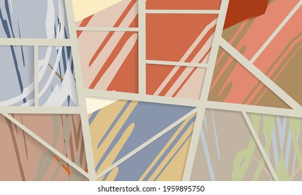 Abstract collage asymmetric pattern. Digital freehand art, grunge texture. Vector patchwork quilt background. Decorative elements, brush strokes ornament for flyer, poster, cover, textile fabric print