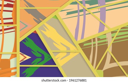 Abstract collage asymmetric pattern. Digital freehand art, grunge texture. Vector patchwork quilt background. Decorative elements, brush strokes ornament for flyer, poster, cover, textile fabric print