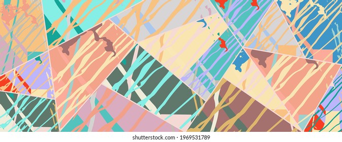 Abstract collage asymmetric pattern. Digital freehand art, grunge texture. Vector patchwork quilt background. Decorative elements, brush strokes ornament for flyer, poster, cover, textile fabric print