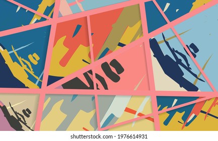 Abstract collage asymmetric pattern. Digital freehand art, grunge texture. Vector patchwork quilt background. Decorative elements, brush strokes ornament for flyer, poster, cover, textile fabric print