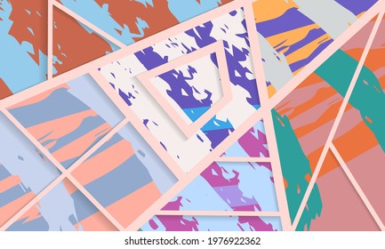 Abstract collage asymmetric pattern. Digital freehand art, grunge texture. Vector patchwork quilt background. Decorative elements, brush strokes ornament for flyer, poster, cover, textile fabric print