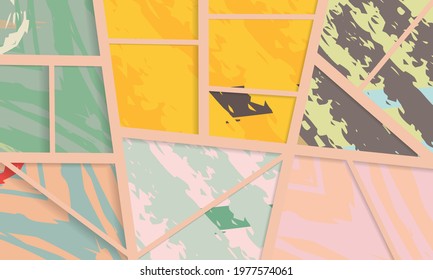 Abstract collage asymmetric pattern. Digital freehand art, grunge texture. Vector patchwork quilt background. Decorative elements, brush strokes ornament for flyer, poster, cover, textile fabric print