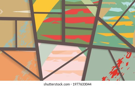 Abstract collage asymmetric pattern. Digital freehand art, grunge texture. Vector patchwork quilt background. Decorative elements, brush strokes ornament for flyer, poster, cover, textile fabric print