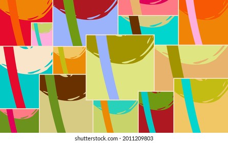 Patrón asimétrico abstracto del collage. Arte de mano alzada digital, textura gruesa. Fondo del tejido del parchwork del vector. Elementos decorativos, adornos de pinceladas de pincel para volante, afiche, cubierta, estampado de tela textil