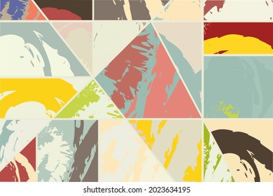 Abstract collage asymmetric pattern. Digital freehand art, grunge texture. Vector patchwork quilt background. Decorative elements, brush strokes ornament for flyer, poster, cover, textile fabric print