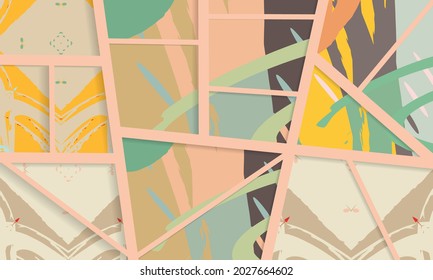 Abstract collage asymmetric pattern. Digital freehand art, grunge texture. Vector patchwork quilt background. Decorative elements, brush strokes ornament for flyer, poster, cover, textile fabric print
