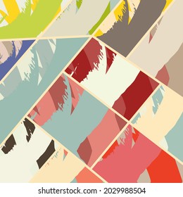 Patrón asimétrico abstracto del collage. Arte de mano alzada digital, textura gruesa. Fondo del tejido del parchwork del vector. Elementos decorativos, adornos de pinceladas de pincel para volante, afiche, cubierta, estampado de tela textil