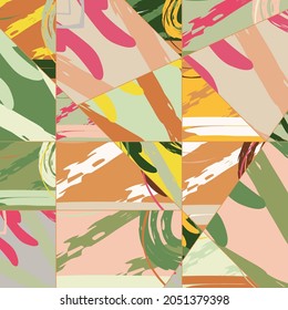 Abstract collage asymmetric pattern. Digital freehand art, grunge texture. Vector patchwork quilt background. Decorative elements, brush strokes ornament for flyer, poster, cover, textile fabric print