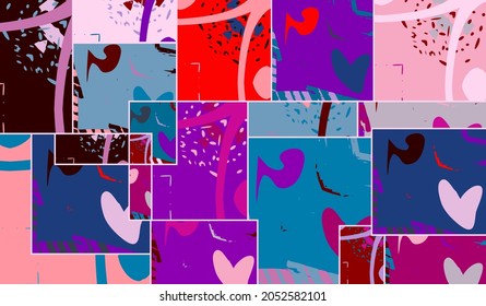Abstract collage asymmetric pattern. Digital freehand art, grunge texture. Vector patchwork quilt background. Decorative elements, brush strokes ornament for flyer, poster, cover, textile fabric print