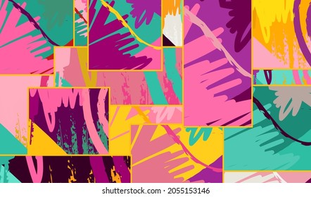 Patrón asimétrico abstracto del collage. Arte de mano alzada digital, textura gruesa. Fondo del tejido del parchwork del vector. Elementos decorativos, adornos de pinceladas de pincel para volante, afiche, cubierta, estampado de tela textil