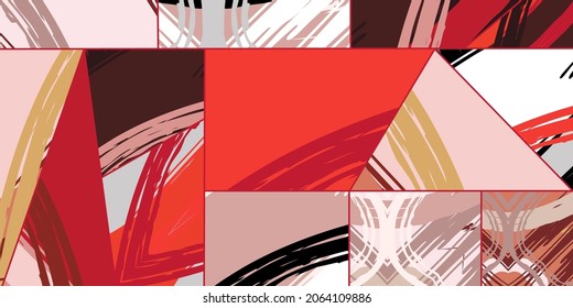 Abstract collage asymmetric pattern. Digital freehand art, grunge texture. Vector patchwork quilt background. Decorative elements, brush strokes ornament for flyer, poster, cover, textile fabric print
