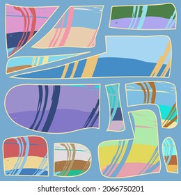 Abstract collage asymmetric pattern. Digital freehand art, grunge texture. Vector patchwork quilt background. Decorative elements, brush strokes ornament for flyer, poster, cover, textile fabric print