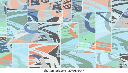 Abstract collage asymmetric pattern. Digital freehand art, grunge texture. Vector patchwork quilt background. Decorative elements, brush strokes ornament for flyer, poster, cover, textile fabric print