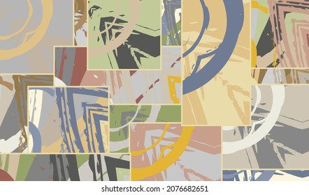 Abstract collage asymmetric pattern. Digital freehand art, grunge texture. Vector patchwork quilt background. Decorative elements, brush strokes ornament for flyer, poster, cover, textile fabric print
