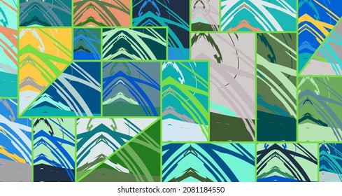 Patrón asimétrico abstracto del collage. Arte de mano alzada digital, textura gruesa. Fondo del tejido del parchwork del vector. Elementos decorativos, adornos de pinceladas de pincel para volante, afiche, cubierta, estampado de tela textil