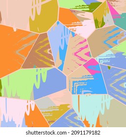 Abstract collage asymmetric pattern. Digital freehand art, grunge texture. Vector patchwork quilt background. Decorative elements, brush strokes ornament for flyer, poster, cover, textile fabric print
