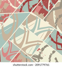 Abstract collage asymmetric pattern. Digital freehand art, grunge texture. Vector patchwork quilt background. Decorative elements, brush strokes ornament for flyer, poster, cover, textile fabric print