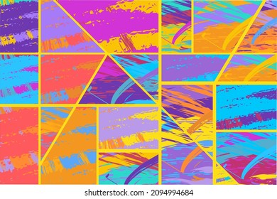 Abstract collage asymmetric pattern. Digital freehand art, grunge texture. Vector patchwork quilt background. Decorative elements, brush strokes ornament for flyer, poster, cover, textile fabric print