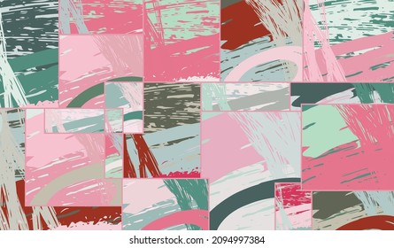 Patrón asimétrico abstracto del collage. Arte de mano alzada digital, textura gruesa. Fondo del tejido del parchwork del vector. Elementos decorativos, adornos de pinceladas de pincel para volante, afiche, cubierta, estampado de tela textil
