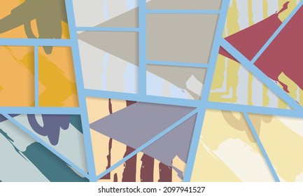 Abstract collage asymmetric pattern. Digital freehand art, grunge texture. Vector patchwork quilt background. Decorative elements, brush strokes ornament for flyer, poster, cover, textile fabric print