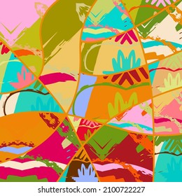 Patrón asimétrico abstracto del collage. Arte de mano alzada digital, textura gruesa. Fondo del tejido del parchwork del vector. Elementos decorativos, adornos de pinceladas de pincel para volante, afiche, cubierta, estampado de tela textil