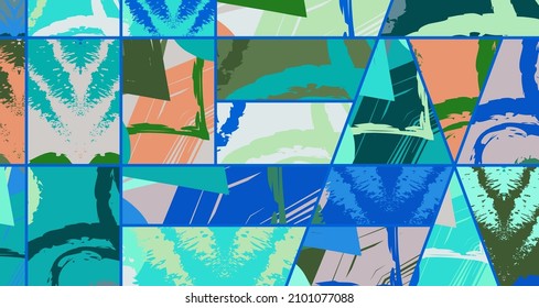 Patrón asimétrico abstracto del collage. Arte de mano alzada digital, textura gruesa. Fondo del tejido del parchwork del vector. Elementos decorativos, adornos de pinceladas de pincel para volante, afiche, cubierta, estampado de tela textil