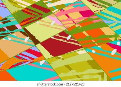 Patrón asimétrico abstracto del collage. Arte de mano alzada digital, textura gruesa. Fondo del tejido del parchwork del vector. Elementos decorativos, adornos de pinceladas de pincel para volante, afiche, cubierta, estampado de tela textil