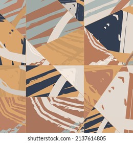 Abstract collage asymmetric pattern. Digital freehand art, grunge texture. Vector patchwork quilt background. Decorative elements, brush strokes ornament for flyer, poster, cover, textile fabric print