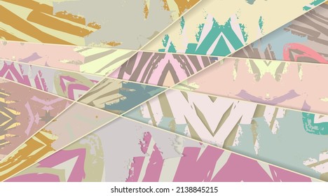 Abstract collage asymmetric pattern. Digital freehand art, grunge texture. Vector patchwork quilt background. Decorative elements, brush strokes ornament for flyer, poster, cover, textile fabric print