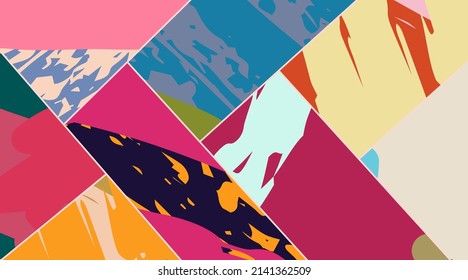 Patrón asimétrico abstracto del collage. Arte de mano alzada digital, textura gruesa. Fondo del tejido del parchwork del vector. Elementos decorativos, adornos de pinceladas de pincel para volante, afiche, cubierta, estampado de tela textil