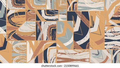 Abstract collage asymmetric pattern. Digital freehand art, grunge texture. Vector patchwork quilt background. Decorative elements, brush strokes ornament for flyer, poster, cover, textile fabric print
