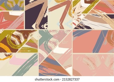 Abstract collage asymmetric pattern. Digital freehand art, grunge texture. Vector patchwork quilt background. Decorative elements, brush strokes ornament for flyer, poster, cover, textile fabric print