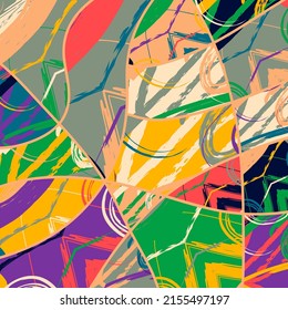 Abstract collage asymmetric pattern. Digital freehand art, grunge texture. Vector patchwork quilt background. Decorative elements, brush strokes ornament for flyer, poster, cover, textile fabric print