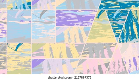 Patrón asimétrico abstracto del collage. Arte de mano alzada digital, textura gruesa. Fondo del tejido del parchwork del vector. Elementos decorativos, adornos de pinceladas de pincel para volante, afiche, cubierta, estampado de tela textil