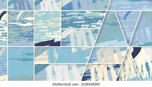 Abstract collage asymmetric pattern. Digital freehand art, grunge texture. Vector patchwork quilt background. Decorative elements, brush strokes ornament for flyer, poster, cover, textile fabric print