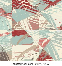 Abstract collage asymmetric pattern. Digital freehand art, grunge texture. Vector patchwork quilt background. Decorative elements, brush strokes ornament for flyer, poster, cover, textile fabric print