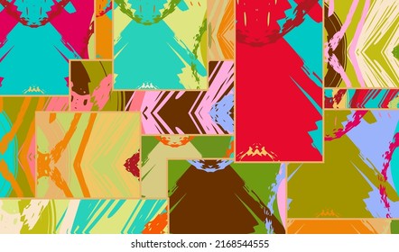 Abstract collage asymmetric pattern. Digital freehand art, grunge texture. Vector patchwork quilt background. Decorative elements, brush strokes ornament for flyer, poster, cover, textile fabric print