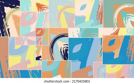 Patrón asimétrico abstracto del collage. Arte de mano alzada digital, textura gruesa. Fondo del tejido del parchwork del vector. Elementos decorativos, adornos de pinceladas de pincel para volante, afiche, cubierta, estampado de tela textil