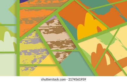 Abstract collage asymmetric pattern. Digital freehand art, grunge texture. Vector patchwork quilt background. Decorative elements, brush strokes ornament for flyer, poster, cover, textile fabric print