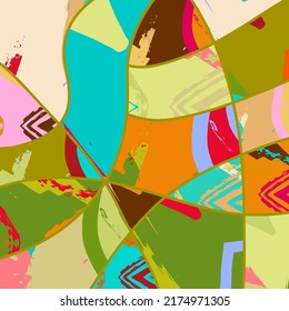 Patrón asimétrico abstracto del collage. Arte de mano alzada digital, textura gruesa. Fondo del tejido del parchwork del vector. Elementos decorativos, adornos de pinceladas de pincel para volante, afiche, cubierta, estampado de tela textil