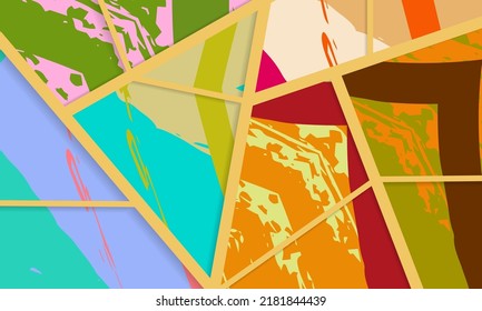 Abstract collage asymmetric pattern. Digital freehand art, grunge texture. Vector patchwork quilt background. Decorative elements, brush strokes ornament for flyer, poster, cover, textile fabric print