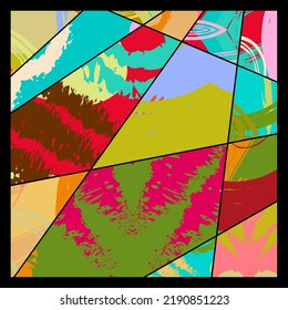 Patrón asimétrico abstracto del collage. Arte de mano alzada digital, textura gruesa. Fondo del tejido del parchwork del vector. Elementos decorativos, adornos de pinceladas de pincel para volante, afiche, cubierta, estampado de tela textil