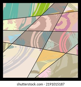 Abstract collage asymmetric pattern. Digital freehand art, grunge texture. Vector patchwork quilt background. Decorative elements, brush strokes ornament for flyer, poster, cover, textile fabric print