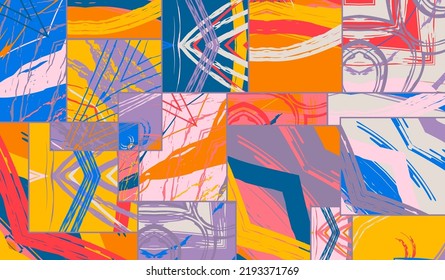 Abstract collage asymmetric pattern. Digital freehand art, grunge texture. Vector patchwork quilt background. Decorative elements, brush strokes ornament for flyer, poster, cover, textile fabric print