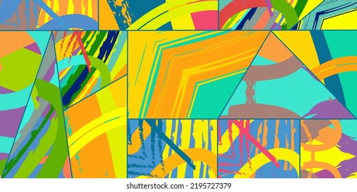 Abstract collage asymmetric pattern. Digital freehand art, grunge texture. Vector patchwork quilt background. Decorative elements, brush strokes ornament for flyer, poster, cover, textile fabric print